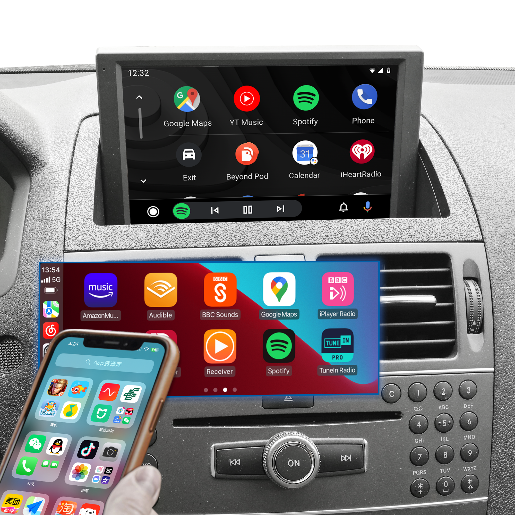 Mercedes W204 C204 S204 NTG4 CarPlay Retrofit Kit Upgrade 8.0 Touch Screen Wireless Android Auto Android 14 Apps Navigation Netflix Spotify Facebook YouTube WhatsApp Reverse Camera Screen Mirroring
