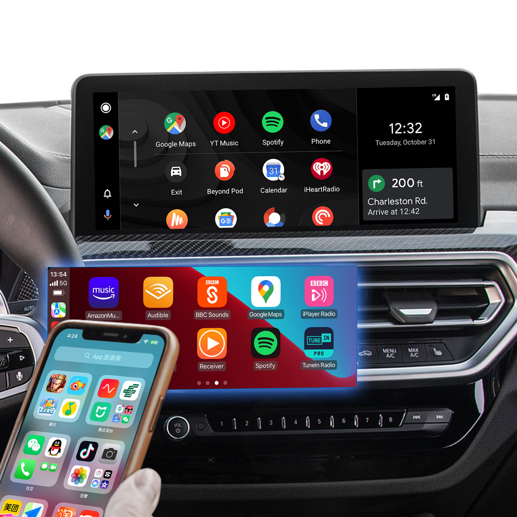 Hualingan CarPlay Adapter for BMW iDrive 7 X4 G02 F98 10.25/12.3 Upgrade 3 in 1 Wireless CarPlay&Android Auto&Android 13 Access Netflix Spotify Google Maps TikTok Facebook iPhone Samsung Screen Mirror