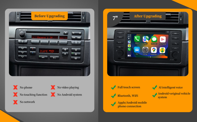 BMW 3 Series E46 CarPlay Upgrade – Wireless Apple CarPlay & Android Auto, Screen Mirroring, GPS Nav, Split Screen, WiFi, Backup Camera, 7" Android Screen OEM Fit, Plug & Play. 