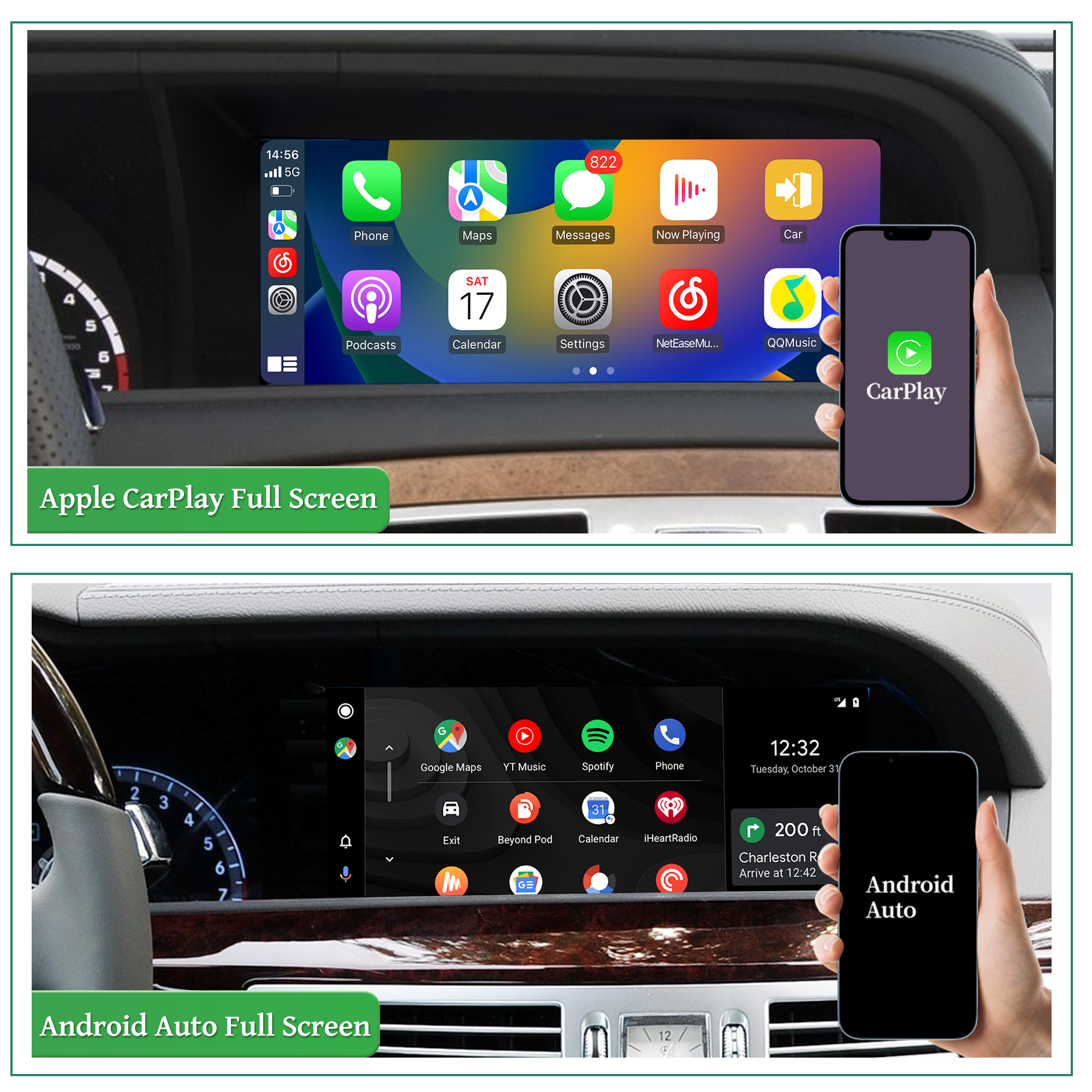 Android Auto Mercedes W221 C216 S/CL-Class NTG 3.5 Upgrade 10.25 Android Screen Wireless Apple CarPlay Full (Split) Screen Mirroring App Netflix YouTube Spotify Wi-Fi Navigation Waze Vehicle Cameras