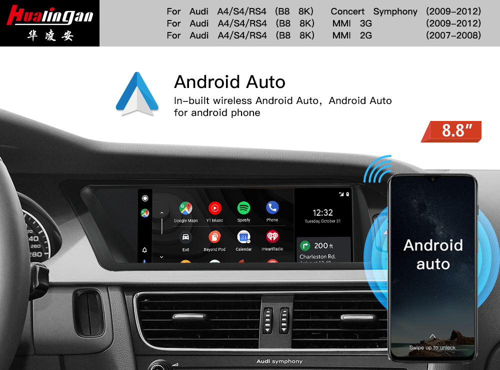 8.8”Touchscreen for Audi Symphony A4 S4 RS4 B8 8K (LHD) Multimedia Navigation GPS Carplay Androidauto Fullscreen Mirroring Video In Motion Youtube Twitter 
