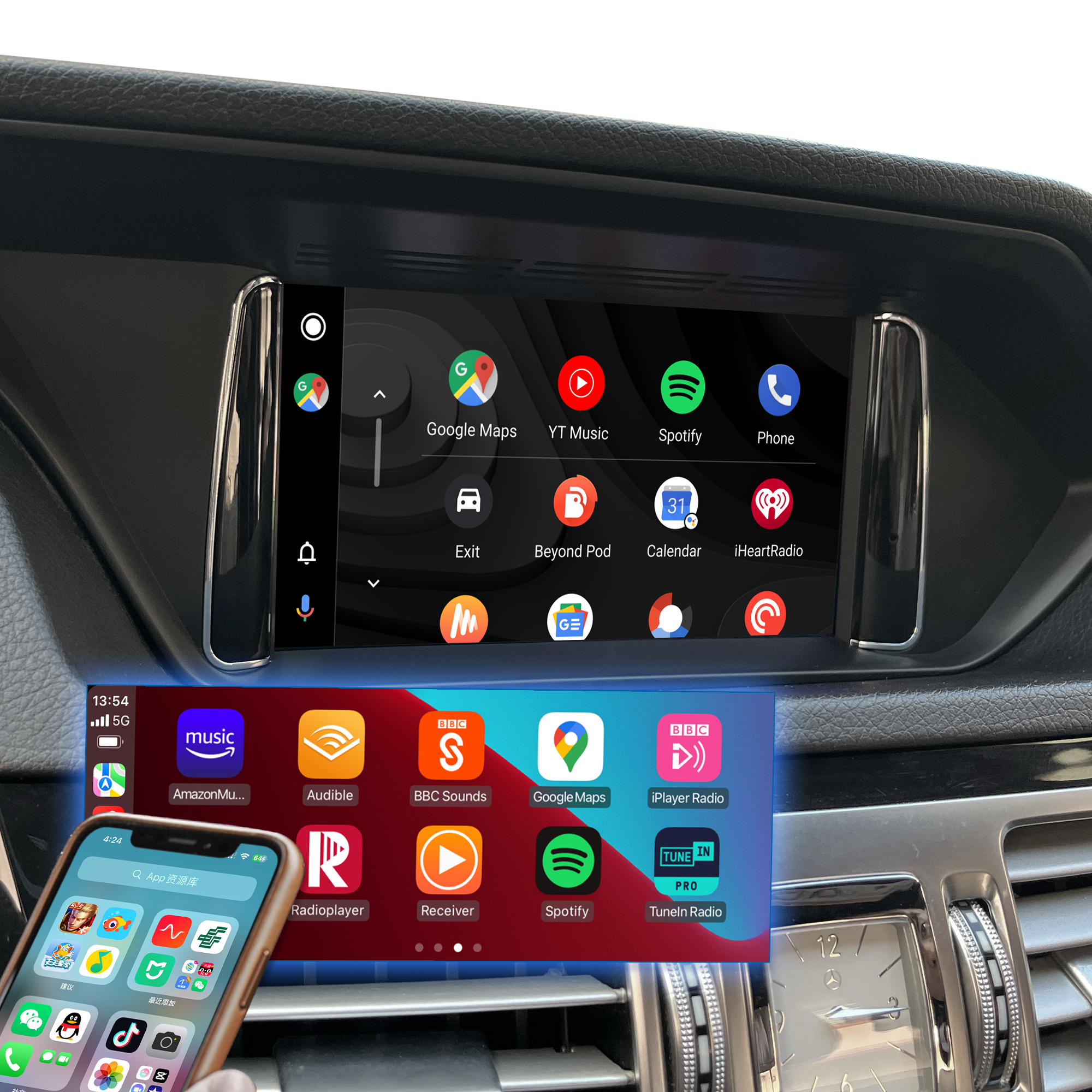  Mercedes-Benz W212 E-Class NTG4 Apple CarPlay Android Auto Wireless 7 inch Touch Screen Android 14 Navigation WiFi Games Music Movies TV Netflix YouTube Spotify Prime Video Backup Cameras 360 