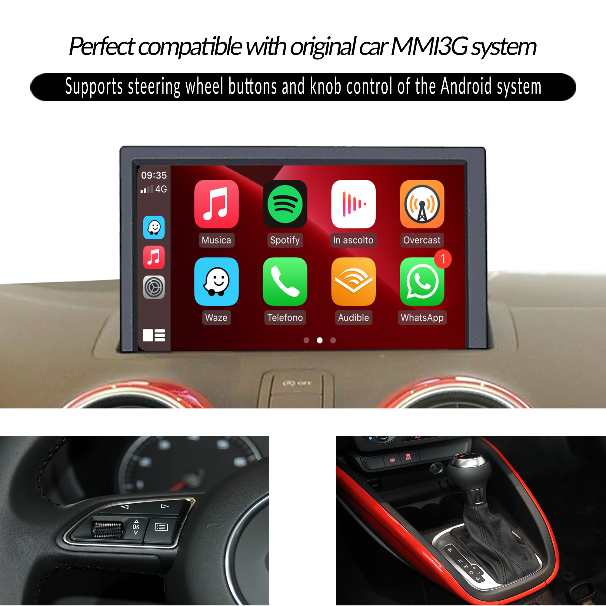 Hualingan 7-inch Touch Screen Upgrade for Audi A1 S1 8X RMC Wireless Apple CarPlay Split Screen Android Auto iPhone Apps Mirror Full Screen Navigation Google Maps Netflix Spotify Games Backup Cameras