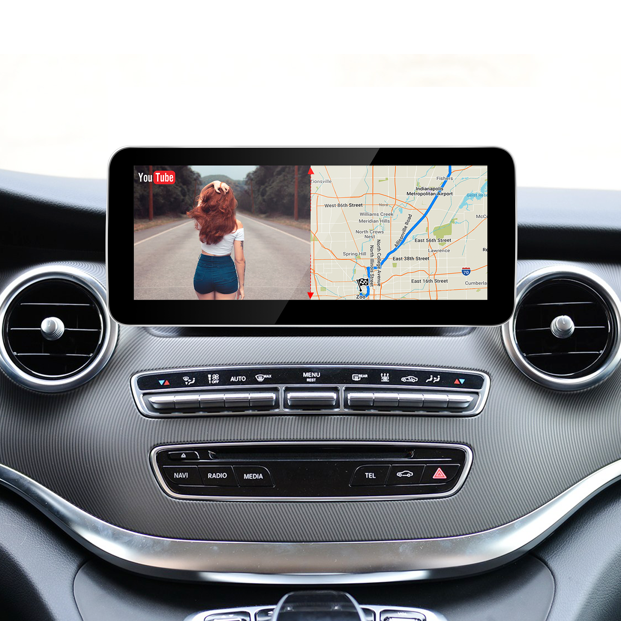 Mercedes V Class CarPlay Upgrade 12.3 Android Screen NTG 5.1/ 5.2 W447 Full Screen Apple CarPlay Android Auto Mirroring Navigation Google Maps Spotify Faidr Audible Netflix YouTube Vehicle Cameras 