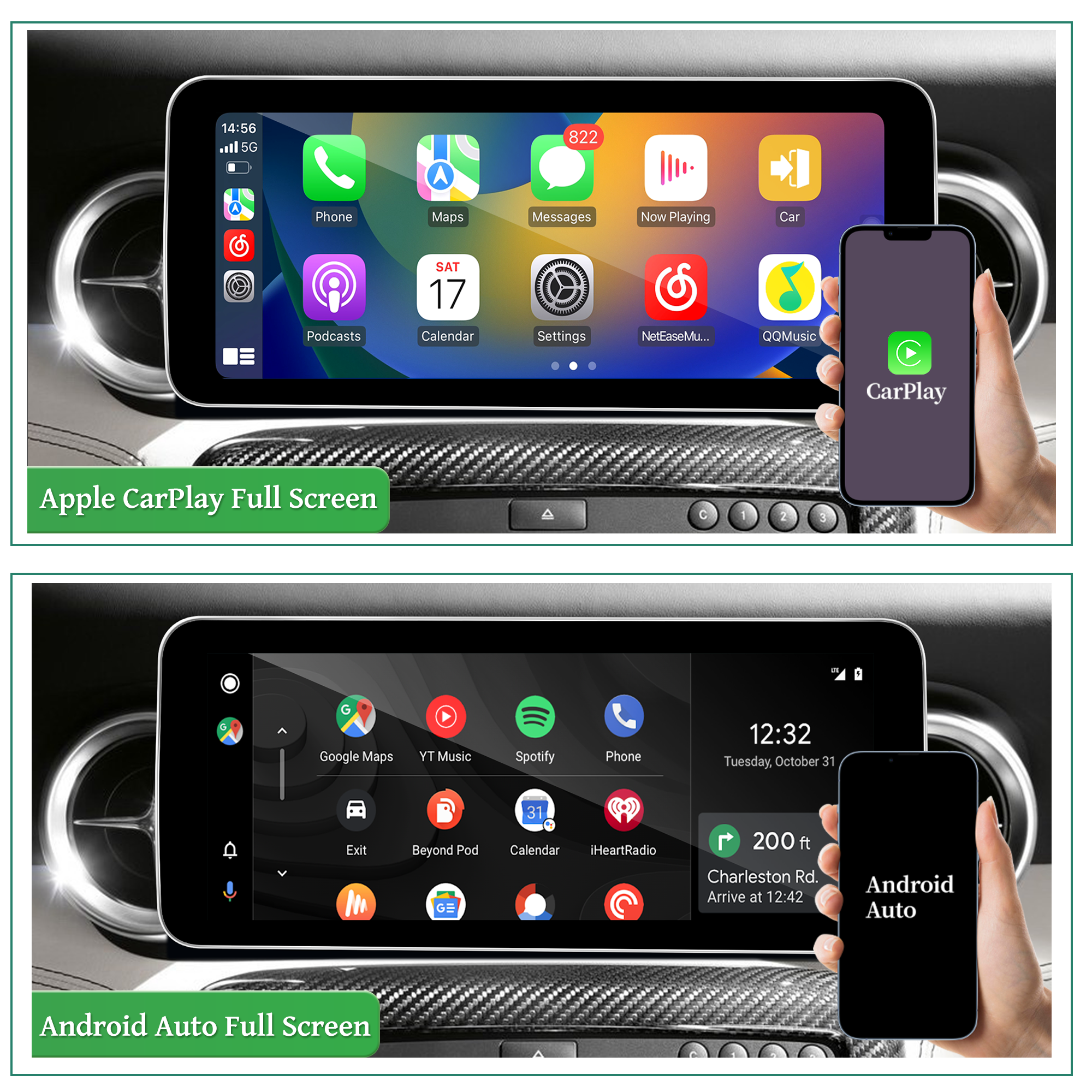 10.25 Android Screen for Mercedes SLS AMG C197 R197 Apple CarPlay Android Auto Full (Split) Screen Mirroring App Netflix YouTube TV Spotify Wi-Fi USB FM DVD Navigation Google Maps Vehicle Cameras 