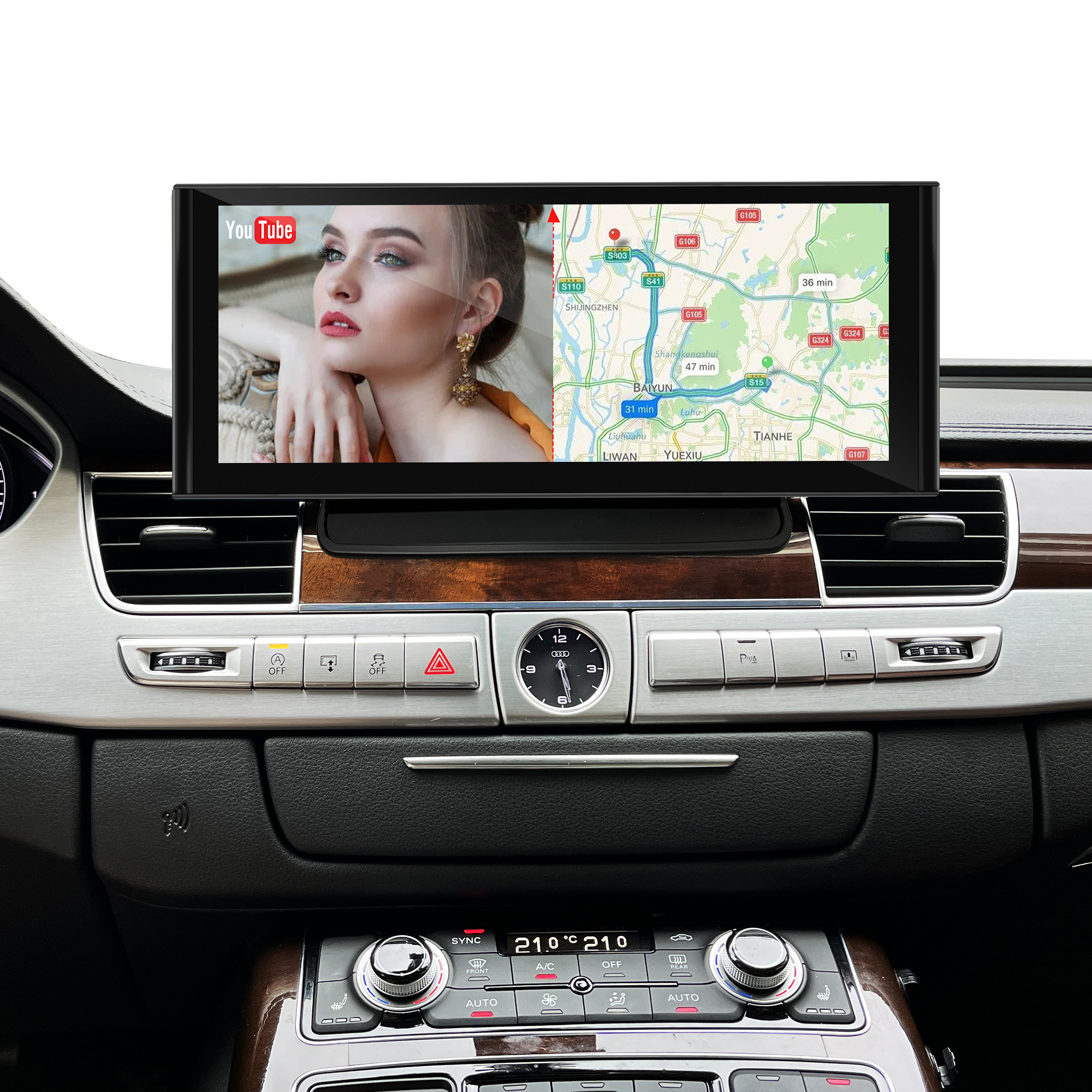 Apple CarPlay Audi A8 D4 Upgrade 12.3 Touch Screen Wireless Android Auto Full Screen Mirroring App Split Screen Netflix YouTube TV Spotify Via Wi-Fi and USB Navigation Google Maps Vehicle Cameras 