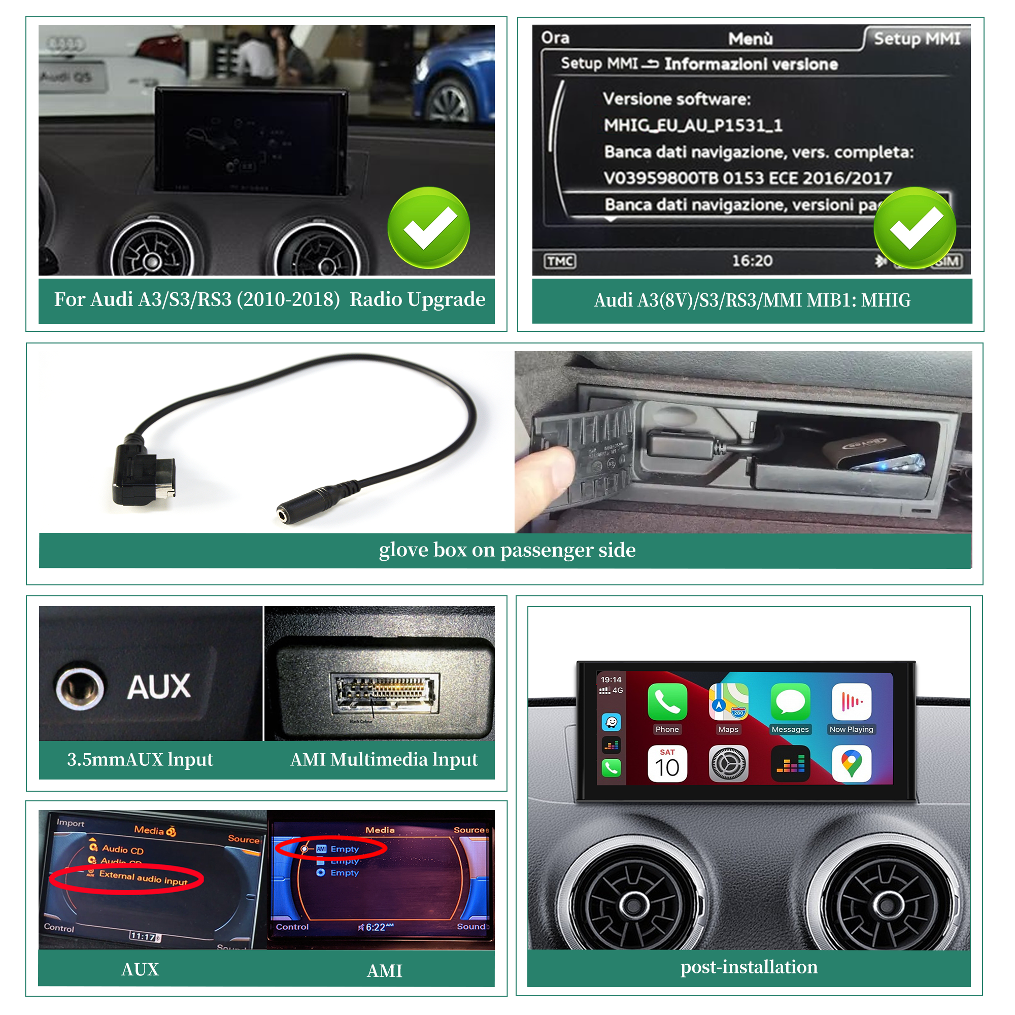 Audi A3 S3 RS3 8V 10.25 inch Touch Screen Upgrade MIB1 MIB2 System Wireless Apple CarPlay Android Auto Mirror Link Android 13 Apps Netflix Spotify Prime Video Reddit Twitch Waze Games Music Navigation