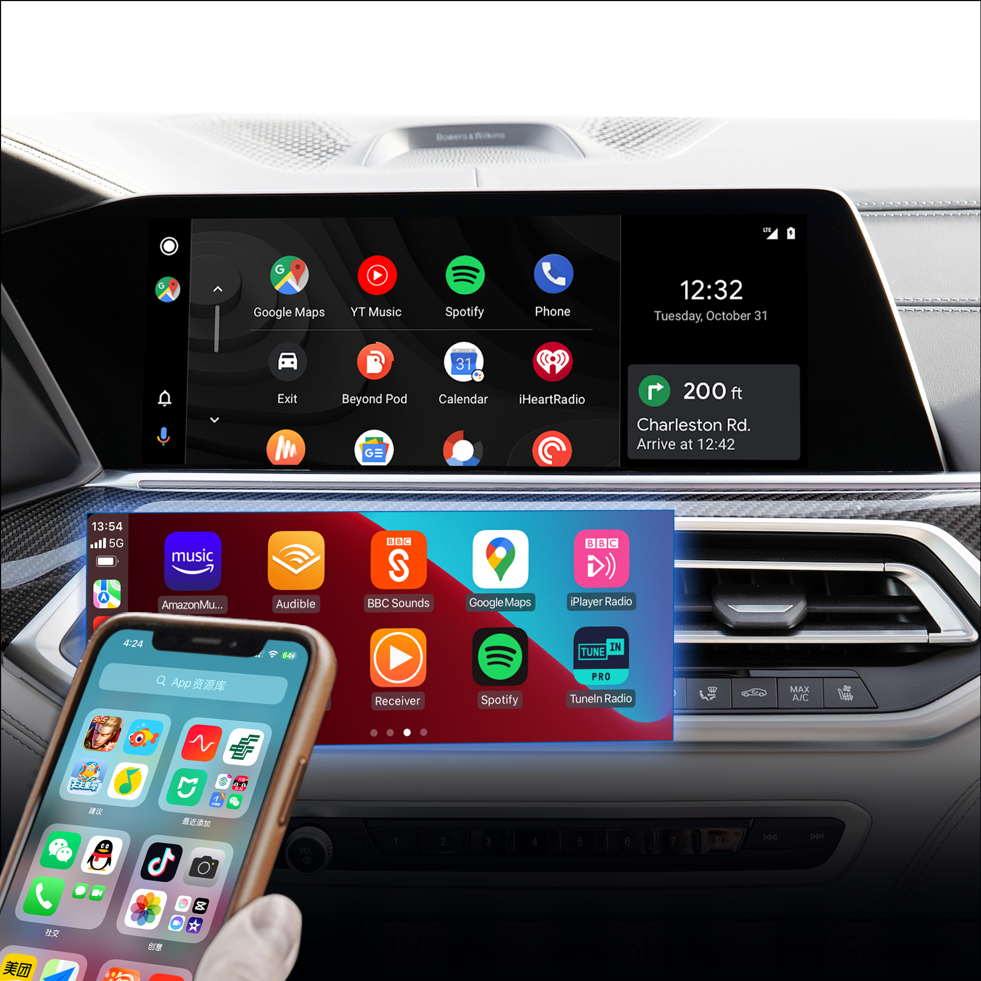 Hualingan CarPlay Adapter for BMW iDrive 7 X5 G05 G18 F95 10.25/12.3 Upgrade 3 in 1 Wireless CarPlay&Android Auto&Android 13 Access Netflix Spotify Google Maps Facebook iPhone Samsung Screen Mirror