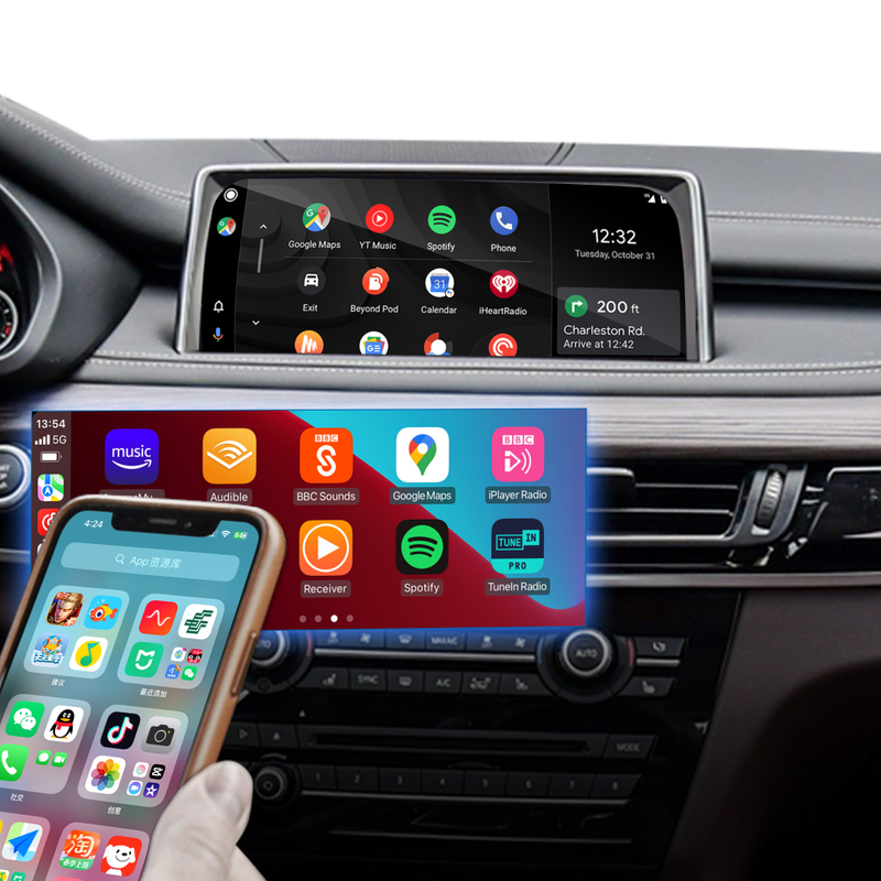 Hualingan CarPlay Adapter for BMW X5 F15 F85 NBT EVO iD6 Android Auto Wireless CarPlay iPhone Screen Mirror 8.8/10.25 iDrive Screen Android Apps Navigation Waze Netflix Spotify GoodShort Rave Tubi HBO