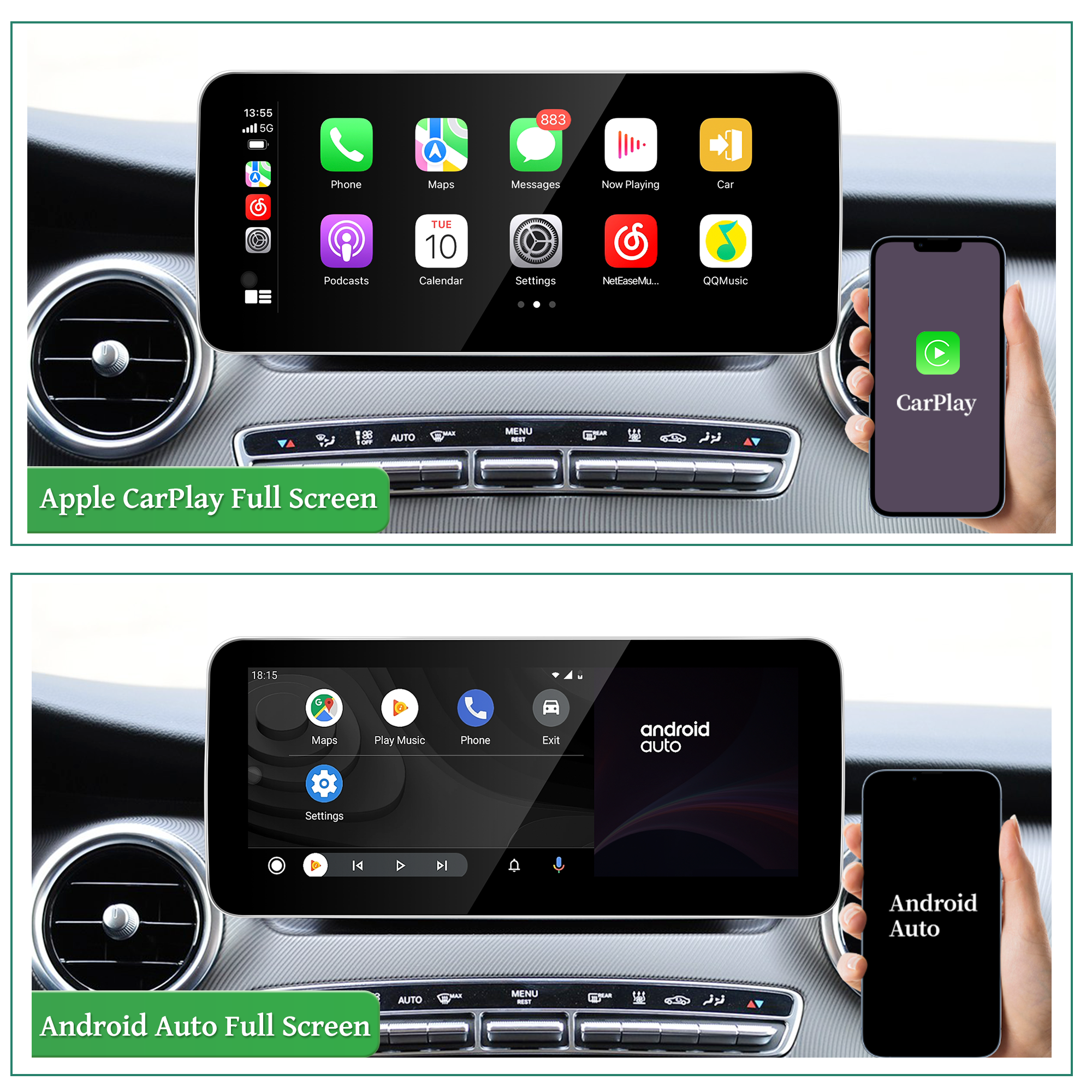 Mercedes V Class CarPlay Upgrade 12.3 Android Screen NTG 5.1/ 5.2 W447 Full Screen Apple CarPlay Android Auto Mirroring Navigation Google Maps Spotify Faidr Audible Netflix YouTube Vehicle Cameras 