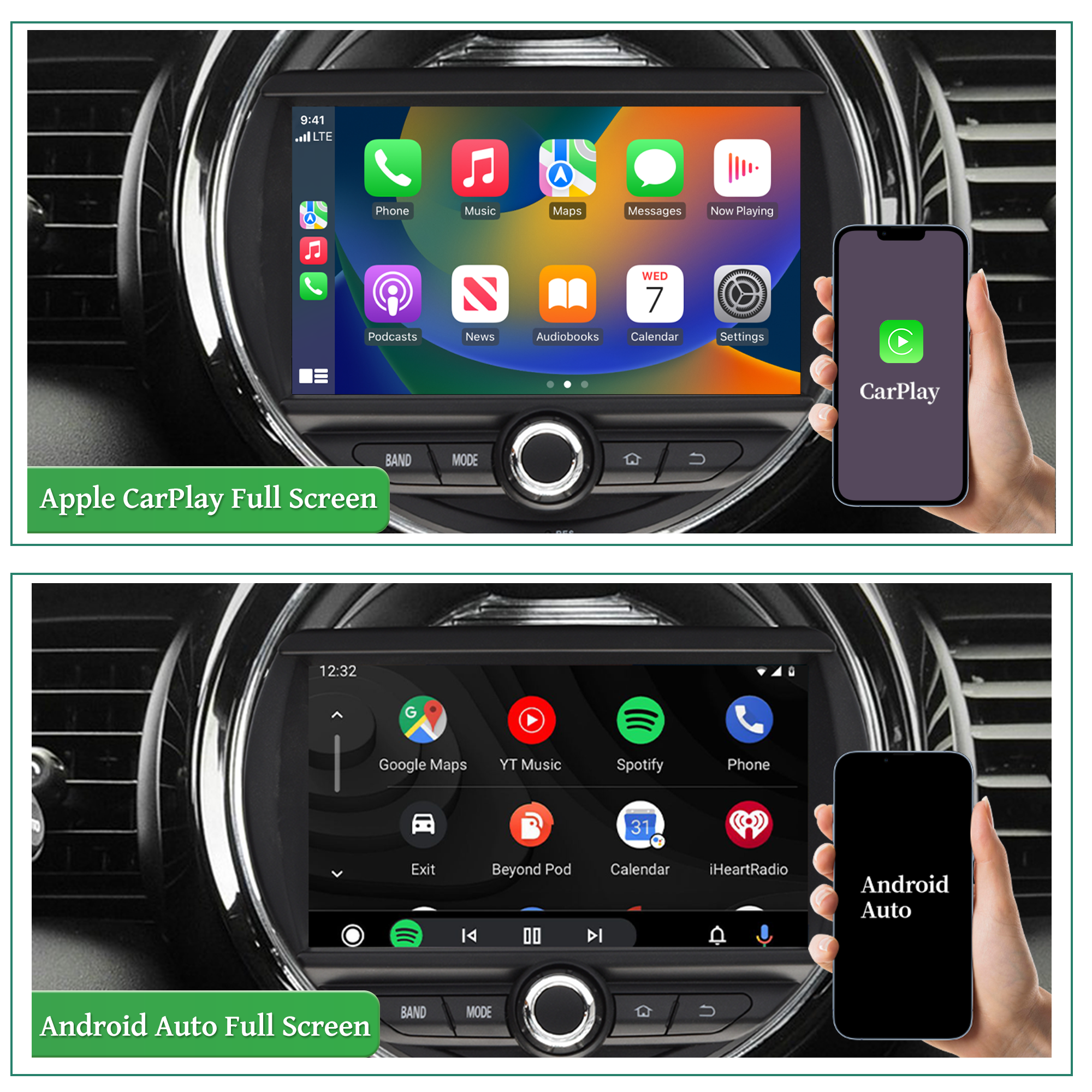 Mini Cooper F54 Apple CarPlay install 7-inch Android Touch Screen Wireless Android Auto Netflix Navigation Vehicle Cameras Download Android Apps Games Music Movies TV Receive Calls Via Bluetooth