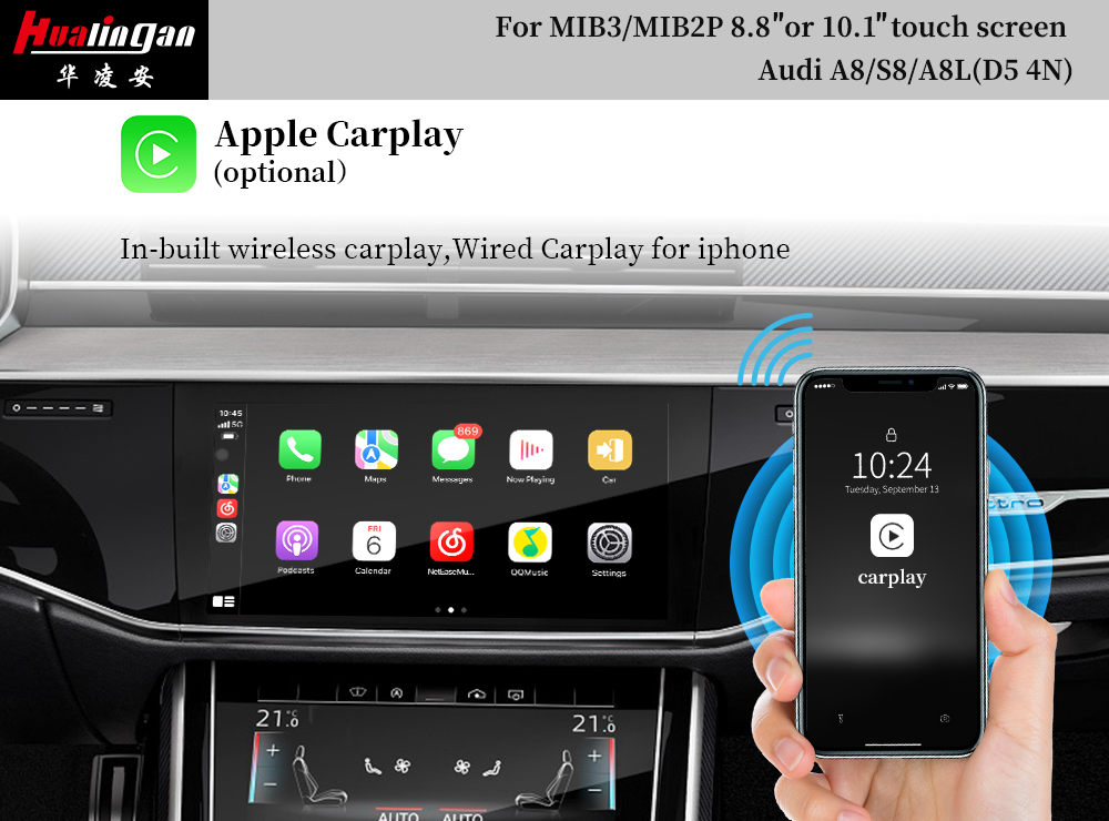 Hualingan Audi A8 S8 D5 MIB2 Wireless Apple CarPlay Full Scree Android Auto Upgrade Screen Mirroring Android System Rear Camera Android 12 Navigation Gooel Maps Video 360 Camera 4G