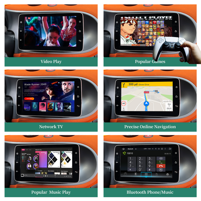 Apple CarPlay Smart 453 Fortwo Forfour Radio Replacement 9 inch Touch Screen Wireless Android Auto Full Screen Mirroring App Wi-Fi Split Screen Netflix YouTube Spotify Navi Google Maps Vehicle Cameras