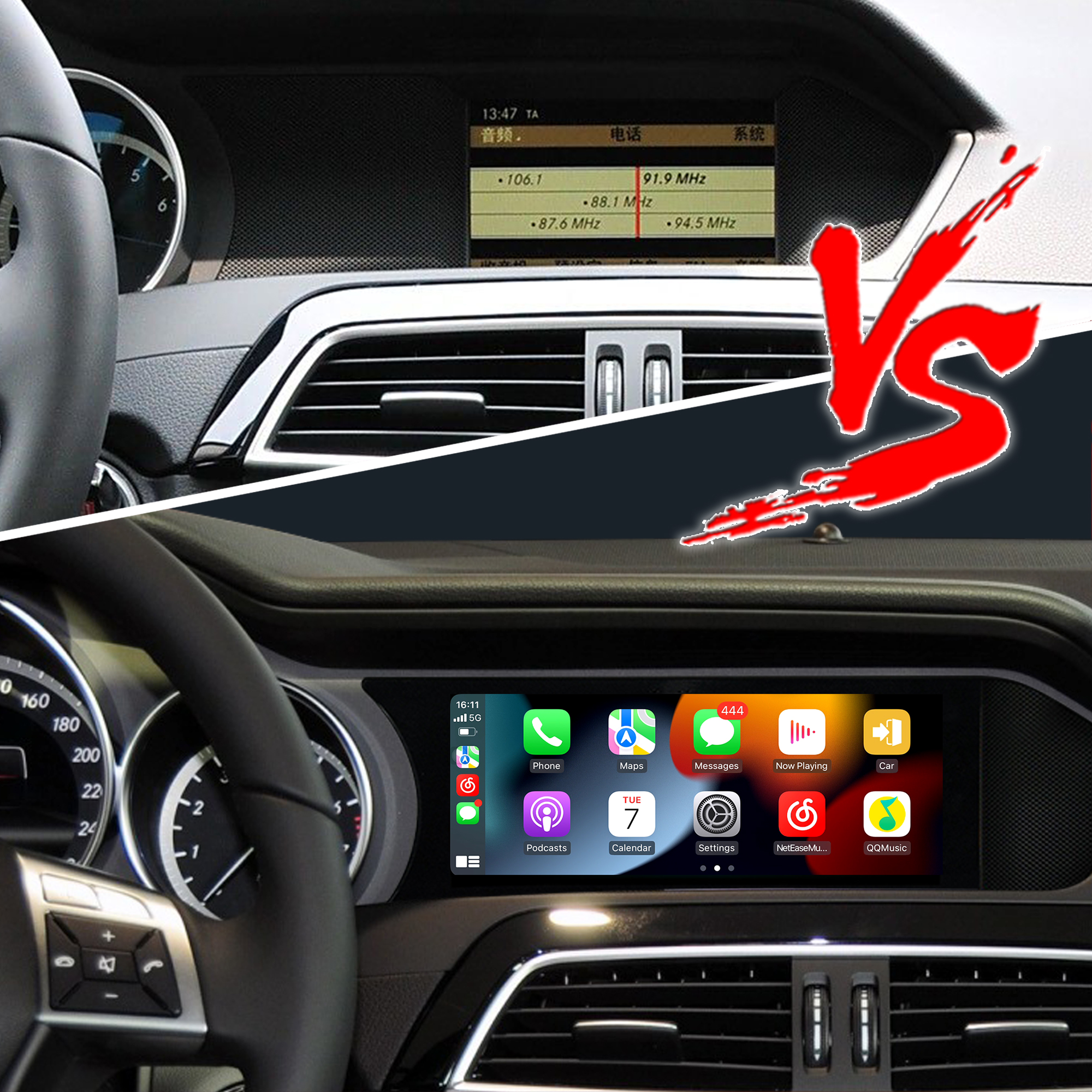 Hualingan 8.8 Touch Screen install 7-inch Mercedes C-Class W204 C204 S204 NTG 4.5/ 4.7 CarPlay Android Auto Split Screen Mirroring Full Screen Phones Navigation Waze Netflix Clubhouse Backup Cameras