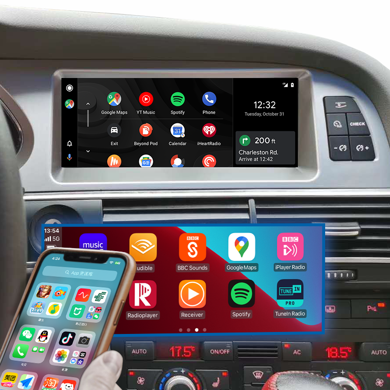 Audi A6 C6 MMI 2G MOST 8.8 Inch Touch Screen Upgrade Android 13 OS Wireless Apple CarPlay Android Auto Screen Mirror 4G Wi-Fi GPS Navigation Google Maps Netflix Spotify Prime Video Twitch Tumblr