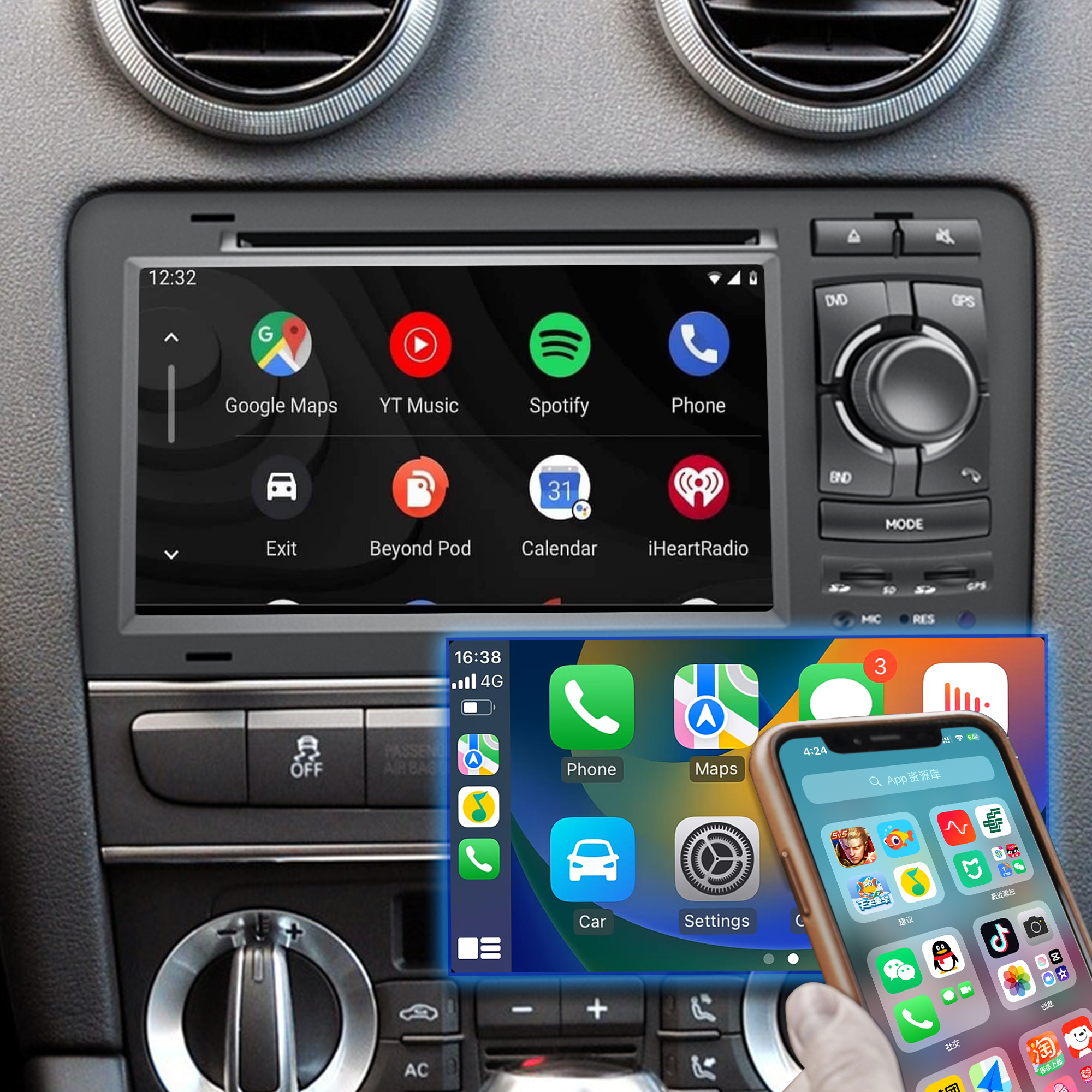 Audi A3 S8 8P Radio Upgrade Kit 7 inch Touch Screen Wireless Apple CarPlay Android Auto Mirror Link Android 13 Double Din Steroe GPS Navigation DVD Supports install Backup Cameras Netflix Spotify