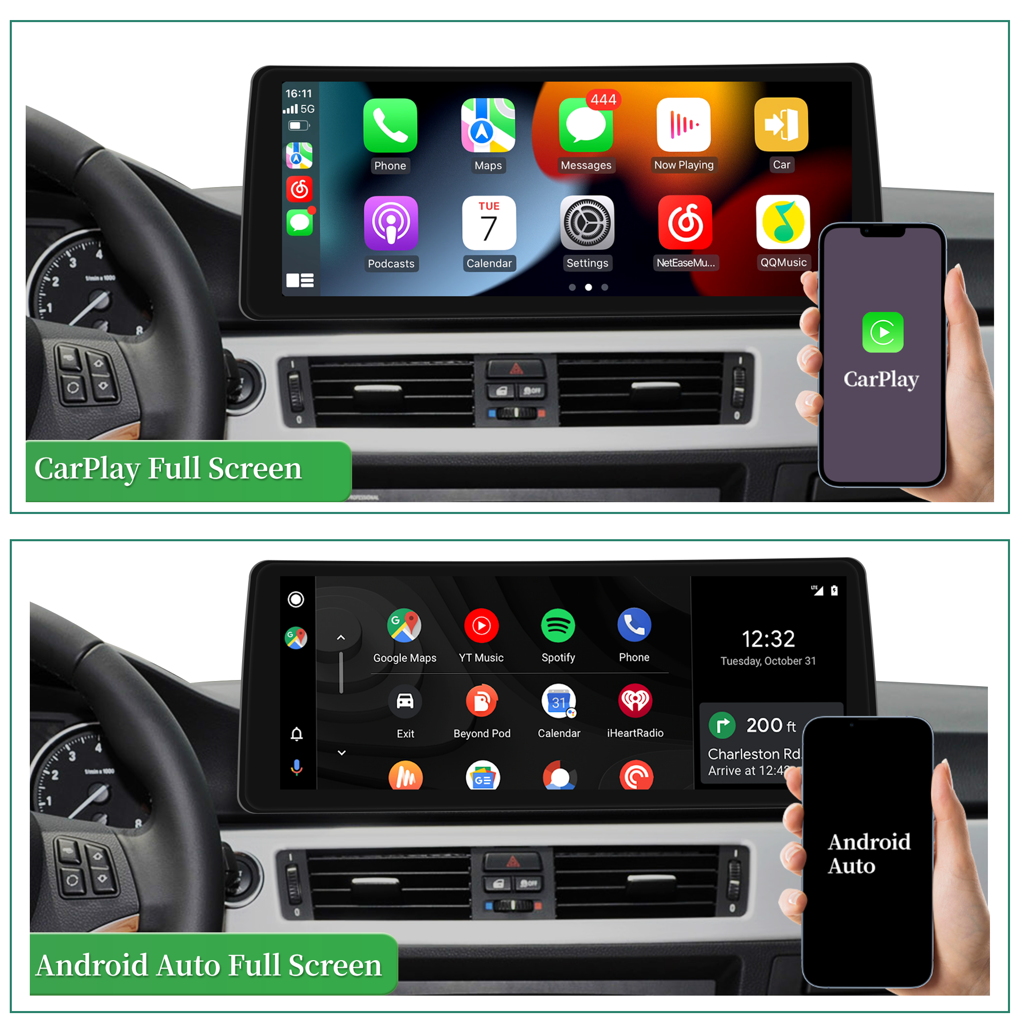 Android Auto E90 E91 E92 E93 Autoradio | 12.3" Touch Screen to Replace OEM Screen with Wireless Apple CarPlay