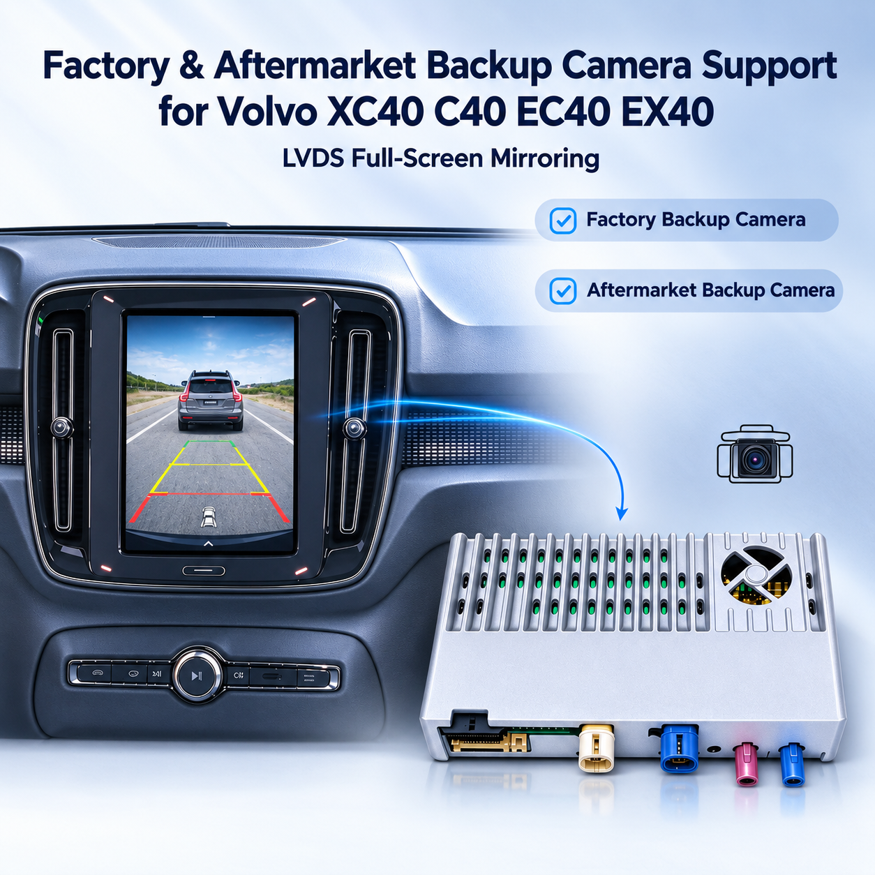Volvo XC40 C40 EC40 EX40 Wired & Wireless CarPlay & Android Auto Retrofit Adapter | Full-Screen Phone Mirroring, HDMI Output, DAB+, DVR & Backup Camera Support