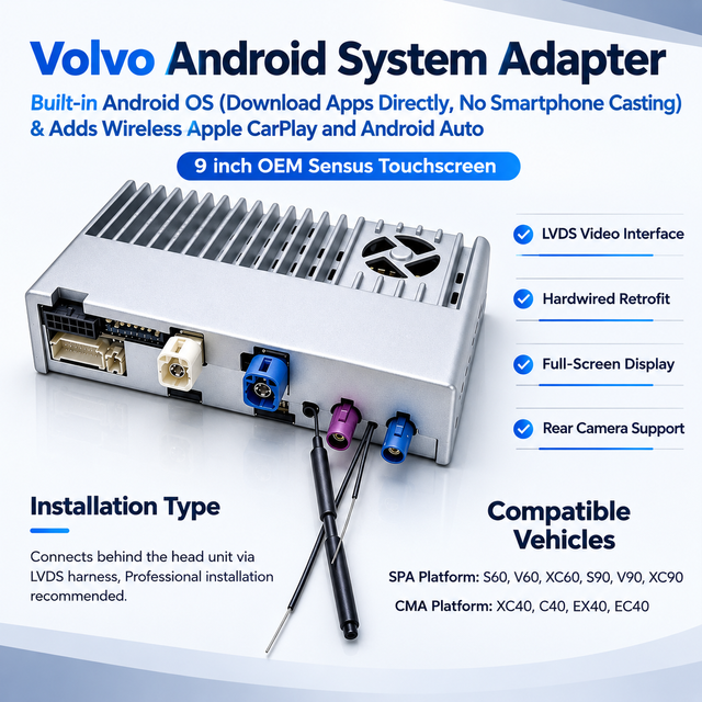 Android Auto Apple CarPlay Dongle for Volvo XC40 C40 EC40 EX40 9" Touch Sensus Netflix Full Screen Mirroring Access Apps Stream Music Podcasts Instagram Games By Wi-Fi 4G Connec