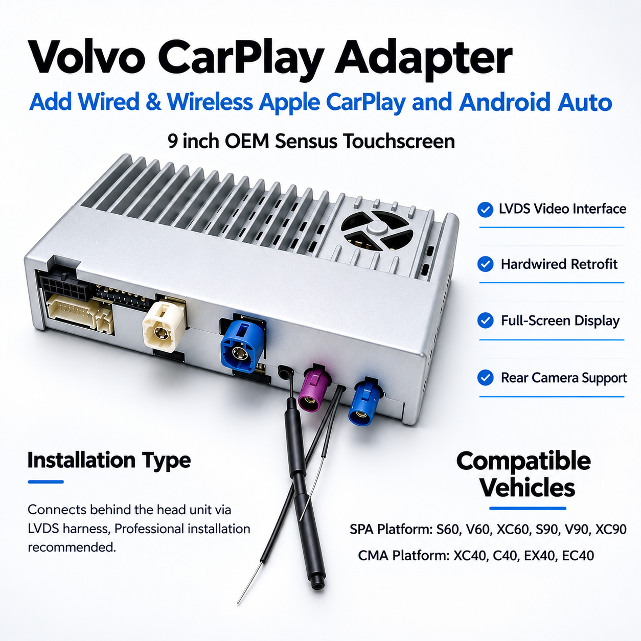 Wireless Apple CarPlay Adapter for Volvo XC60 S60 V60 | 9" OEM Sensus Screen Retrofit | Full-Screen Wired & Wireless Apple CarPlay & Android Auto