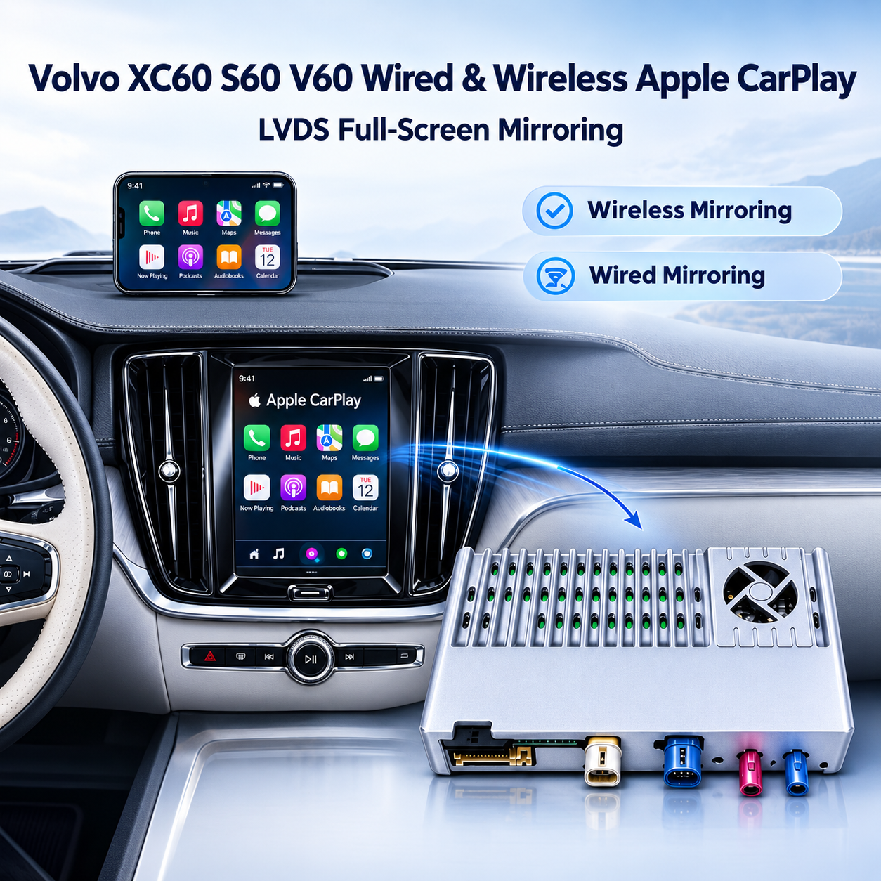 Volvo XC60 S60 V60 Wired & Wireless CarPlay & Android Auto Retrofit Adapter | Full-Screen Phone Mirroring, HDMI Output, DAB+, DVR & Backup Camera Support