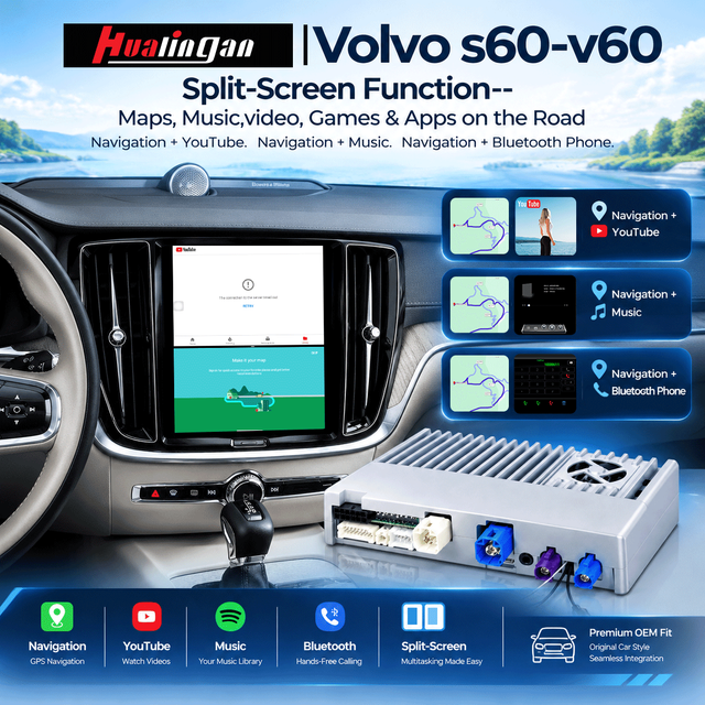 Hualingan Android Retrofit Adapter for Volvo XC60 S60 V60 Wireless CarPlay Android Auto Full-Screen Mirroring, Google Play Store, HDMI Output, DAB+, 360° & Backup Camera Support 