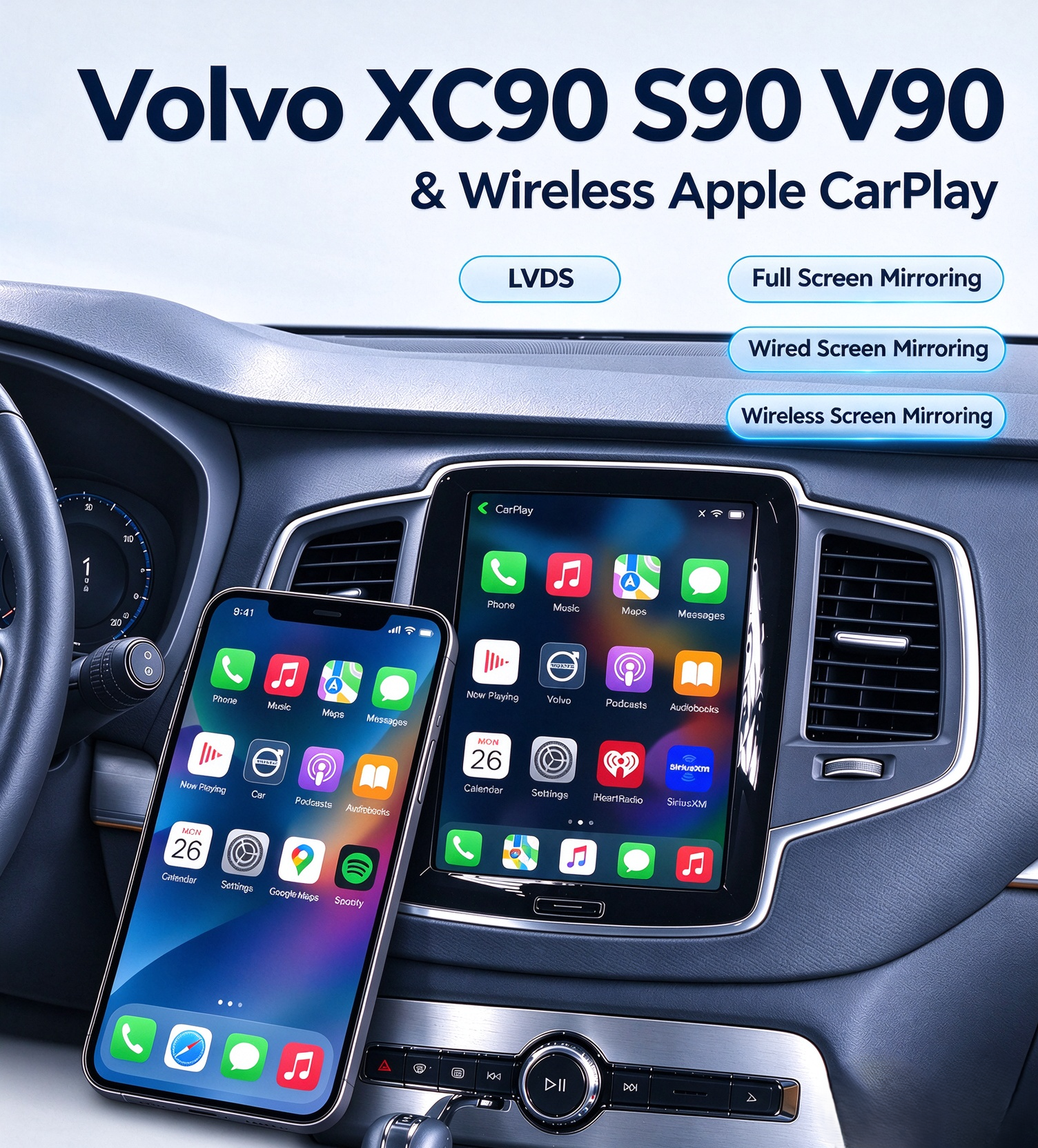 Wireless CarPlay Adapter for Volvo XC90 S90 V90 9" Touch Sensus, Smartphon By Wi-Fi 4G Screen Mirroring, access Android Apps Spotify Android Auto YouTub Music
