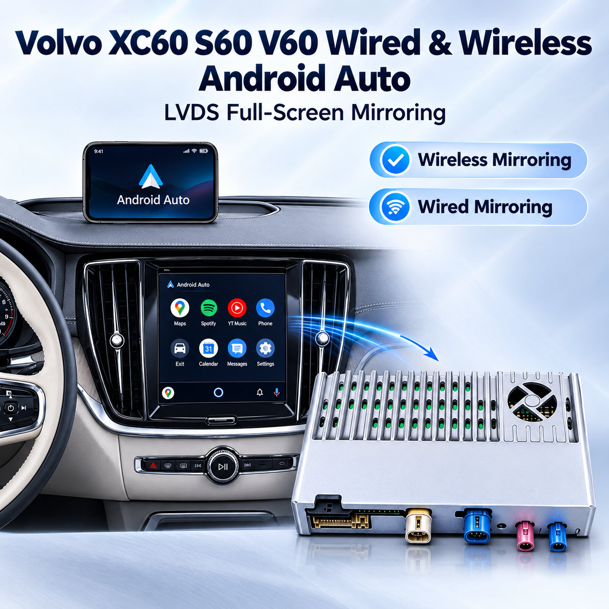 Volvo XC60 S60 V60 Wired & Wireless CarPlay & Android Auto Retrofit Adapter | Full-Screen Phone Mirroring, HDMI Output, DAB+, DVR & Backup Camera Support